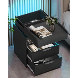 Nightstand with Gun Drawer, Charging Night Stand with USB and AC Ports, LED Nightstand, NightStands with Gun Drawer, Smart Night Stand with Sliding Top Storage