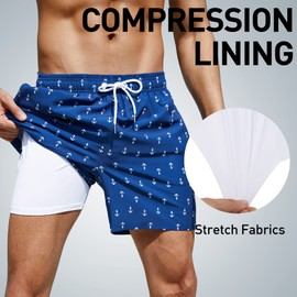 Arcweg - Bañador para hombre 2 en 1 con forro tipo calzones de 5.5 pulgadas, secado rápido, pantalones cortos de baño con bolsillos con cierre, Anchor, Small