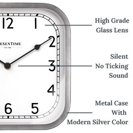 Presentime & Co 10" Anton Vintage Square Clock, Silent No Ticking, Wall & Mantel 2 in 1, Desk and Shelf Clock, Tabletop Décor, Modern Silver Color