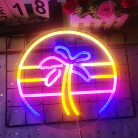 Sunset Neon Sign Dimmable Tropical Coconut Palm Tree Neon Sign 12''x 12'' Aesthetic Plam Tree Retro 80S Sunrise Palm Tree Neon Signs for Wall Decor Bar Birthday Christmas Home Decor
