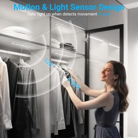 maylit 2 Pack Closet Lights Motion Sensored, Battery Operated Light Indoor, Wireless Magnetic Night LED Bar, Stick on Lighting for Stair, Shelf, Hallway, Bed, Pantry, Under Cabinet, 6000K Cool White