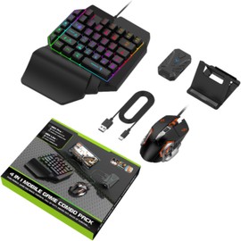 Half Hand Gaming Keyboard and Mouse Combo, 4 in 1 Mobile Game Combo Pack, Mobile Gamepad Controller, One Handed Gaming Keyboard, Mouse Converter, Adjustable Phone Stand