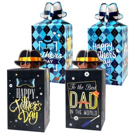 Habbiful 12pcs Fathers Day Gift Bags with Handle Happy Father's Day Paper Gift Bags for Dad Paper Treat Wrap Gift Bags for Fathers Theme Party Supplies Birthday Gifts for Dad,Black Gold and Blue