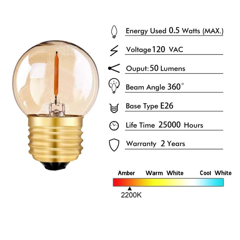 Tsunetani G40 G12.5 Led Filament Mini Globe Light Bulbs 0.5W