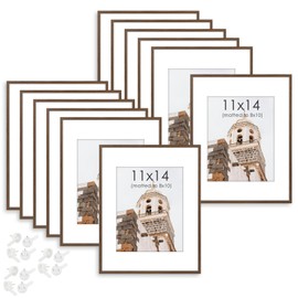 Golden State Art, Aluminum 11x14 Picture Frames Display Photo 8x10 with Mat or 11 x 14 without Mat, Walnut Wood Grain Metal Frames, for Home or Gallery Decoration (Pack of 12)
