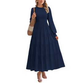 PRETTYGARDEN Women's Long Sleeve Maxi Dresses 2025 Fall Casual Smocked Trim Neck Swiss Dot Tiered Flowy Wedding Guest Dress (Navy Blue,XL)