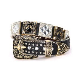 West Star Texas Genuine Leather Belt for Women & Cowboy Big Rhinestone Engraved Buckle Country Gold 5011H Guns BK M