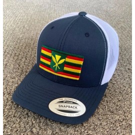 Yupoong Hawaii Kanaka Maoli Original Flag SnapBack Trucker Mesh Cap Handmade in America - Navy/White Mesh