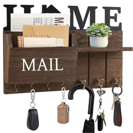 DearyHome Mail and Key Holder Wall Mount – Decorative Mail Organizer with Shelf and 7 Key Hooks, Farmhouse Wood Rustic Hanging Key Rack Hanger for Living Room Entryway Hallway (Brown)