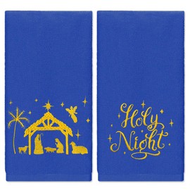 JarThenaAMCS 2Pcs Christmas Hand Towels Xmas Nativity Scene Embroidered Bathroom Towel Blue Dish Towel for Drying Cleaning Cooking Gift, 29.5 x 13.7 Inch