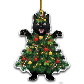 Black Cat Christmas Tree Ornament - Funny Cat Lover Holiday Decor, Cute Acrylic Flat Hanging Ornament for Christmas Tree Decorations, Perfect Feline-Themed Gift for Cat Owners