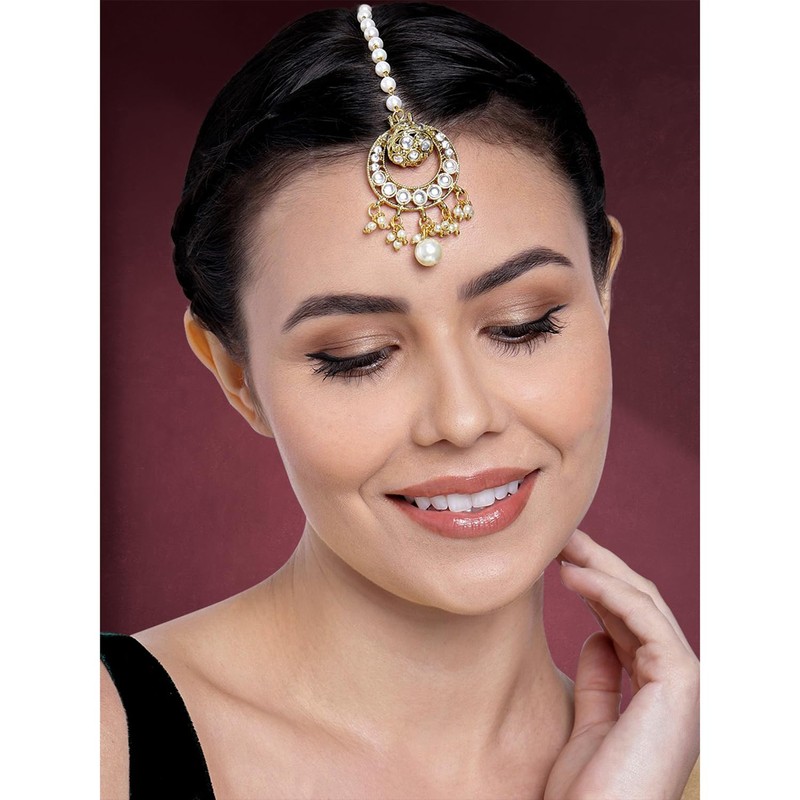 Aheli Chapado en oro Kundan Pearl Maang Tikka Joyas para