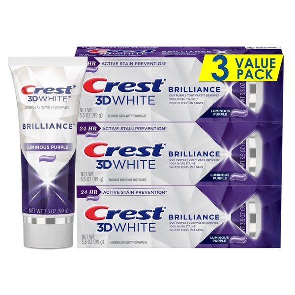 Crest 3D White Brilliance Purple Teeth Whitening Toothpaste - Pack of 3, 3.5 oz Tubes - Anticavity Fluoride Toothpaste -100% More Surface Stain Removal - 24 Hour Active Stain Prevention