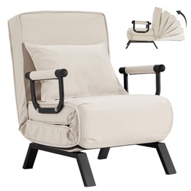 Convertible Sofa Bed Sleeper Chair,Single Person Chaise Lounge Couch with Pillow,Upholstered Lazy Bed with 6 Angles Adjustable Backrest,Folding Sofa Arm Chair for Apartment/Office/Home (Beige)
