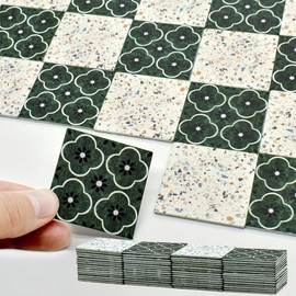 iLAND Dollhouse Accessories, Dollhouse Flooring, Miniature Accessories, Suitable for Dollhouse Furniture in 1/12 Scale, 60 Pieces Double-Sided Dollhouse Floor Tiles (French Green Flowers)