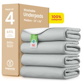 IMPROVIA® Washable Underpads, Heavy Absorbency Reusable Incontinence Pads for Kids, Adults, Elderly, and Pets - Waterproof Protection for Bed, Sofa, Furniture, Floor Gray & White (4 Pack - 34x36)