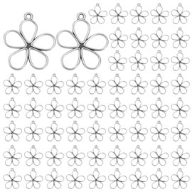60 PCS Flower Charms Hollow Open Back Bezel Charms Silver Flower Charm for Jewelry Making Jewelry Connectors Alloy Vintage Mini Spring Blossom Open Frame Back Bezel for Women DIY Bracelets Craft