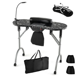 LDAILY Portable Nail Table, Foldable Nail Technician Desk w/Electric Dust Collector, Bendable LED Lamp, Removable Armrest Pad, Carry Bag, Manicure Table with Lockable Wheels for Home, Salon (Black)