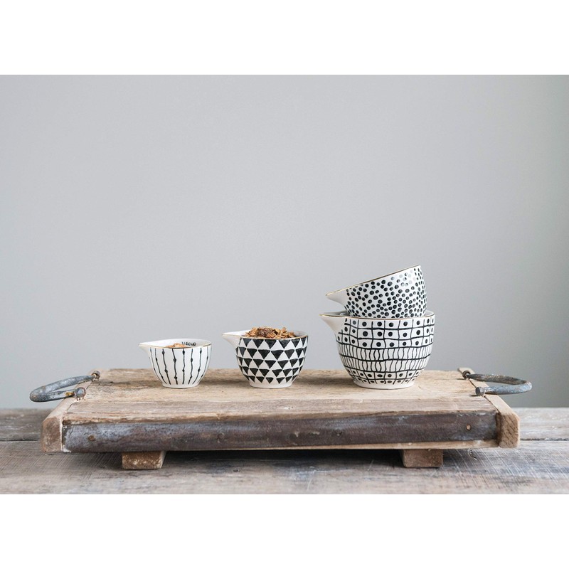 Creative Co-Op Black & White Stoneware Measuring Cups with Gold