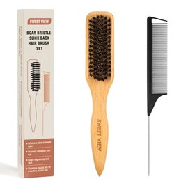 SWEET VIEW Boar Bristle Slick Back Hair Brush for Smooth Flyaways, Frizz, Sleek Ponytail, Buns and Edge Baby Hair, Teasing | Gel Comb, Styling Accessories for Girls, Kids and Women