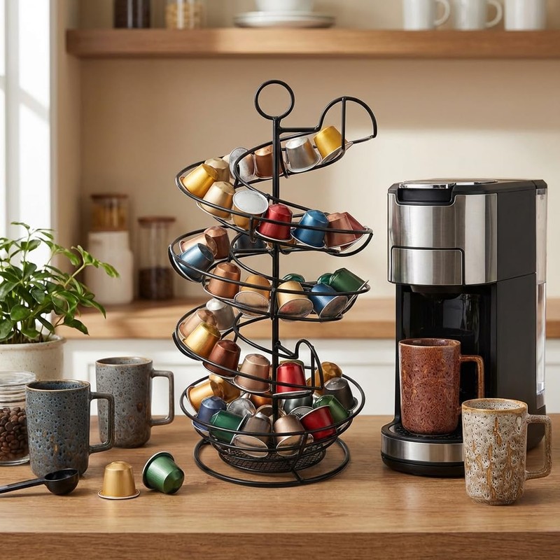 QUTREY Black Metal Egg Skelter with Storage Basket, Spiral Design
