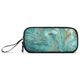 Big Capacity Pencil Pen Case, Golden and Turquoise Marble Teal Pen Box for School Office College Multi-Purpose Pouch Holder Organizer Cosmetics Bag