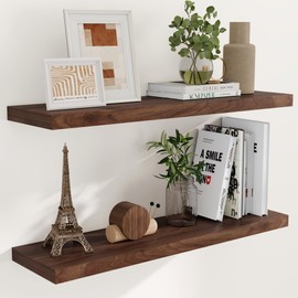 Fun Memories 9 Inch Deep Floating Shelves, Rustic Wooden Wall Shelf Set of 2, 1.5" Thick Shelves, Deep Storage & Display Shelves for Bathroom, Kitchen, Living Room, Walnut Color