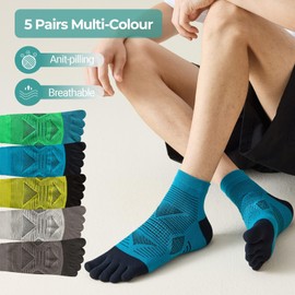 QUPOLPOL Men’s Running Toe Socks – 5 Pairs Cushioned Athletic Ankle Socks with Five-Toe Design, Breathable & Anti-Blister, for Gym, Sports, Daily – Multicolour, UK 6–10