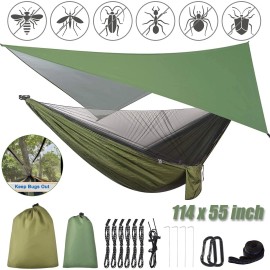 Double Camping Hammock With Mosquito Net Nylon Hanging Bed & Rain Fly Tent Tarp