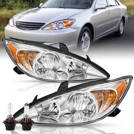 TUSDAR Headlight Assembly Fits For 2002 2003 2004 Toyota Camry Driver and Passenger Side (Chrome Housing with Amber Reflector) w/Bulbs