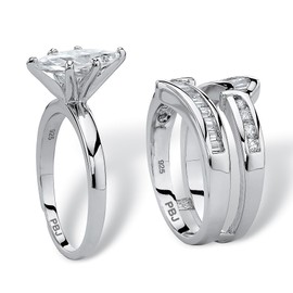 PalmBeach Yellow Gold-Plated or Sterling Silver Marquise Cut and Baguette Cubic Zirconia 2 Piece Jacket Bridal Ring Set Size 9