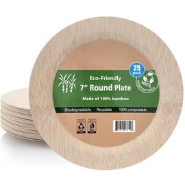 Epecnic 25 Set 7 Inch Round Bamboo Plates, BPA-Free Eco-Friendly Bamboo Fiber Dinner Plates with Leak Proof, Stackable, Compostable and Biodegradable for Appetizer