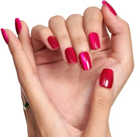 GLAMERMAID Hot Pink Press on Nails Short Square, Handmade Magnet Cat Eyes Glitter Jelly Gel Fake Nail Kits, Shimmer Ombre Magnetic Glue on Nail Tips, Aurora Medium Stick on False Nail Kit for Women