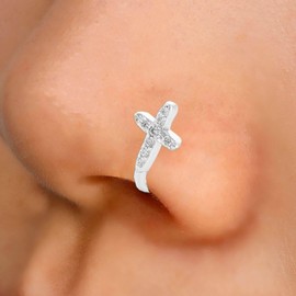 Inilbran Punk Crystal Cross Nose Ring Silver Cross Nose Cuff Hoop Ring Vintage Cross Fake Nose Ring Non Pierced Nose Ring Gothic Clip On Nose Ring Jewelry for Women and Girls