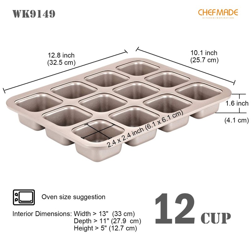 CHEFMADE Brownie Cake Pan, 12-Cavity Non-Stick Square Muffin Pan Blondie