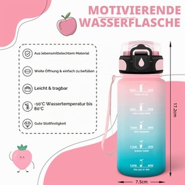 Children's Water Bottle, 500 ml, Water Bottle with Straw, Can Be Carried, Leak-Proof Water Bottle, with Time Marking, Bottle Motivation for School, Office, Running, Pink-Cyan