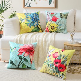 JOTOM Set of 4 Waterproof Cushion Covers 45x45 cm Outdoor Flower Pillow Covers Spring Summer Farmhouse Decorative Throw Pillow Cases for Patio Garden Bench Sofa Indoor Bed (Flowers Birds Butterfly)