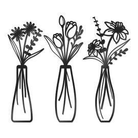 KOYILTD 3 Pcs Large Black Metal Flowers and Vases Wall Decor Farmhouse Metal Flowers Wall Art Minimalist Art Flower Arrangement for Living Room Bedroom or Kitchen (Black, Floral B)