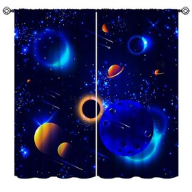 Outer Space Blackout Curtains Galaxy Solar System Planetary System Black and Blue Window Curtains for Kids Boys Girls Room Bedroom Decor Science Fiction Window Drapes 2 Panels 42x63in