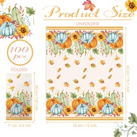 100 Pcs Fall Paper Napkins – Thanksgiving Watercolor Pumpkin Sunflowers Guest Towels, Autumn Disposable Napkins for Kitchen Dinner Table, Harvest Party, Bathroom Decor