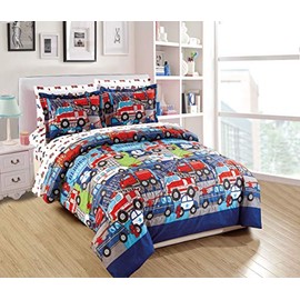 Mk Home Queen Comforter Set for Boys Heroes on Call Firetruck Police Car Ambulance Red Blue White New