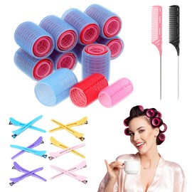 Layhou 30PCS Hair Roller Set Self Grip Salon Hair Dressing Curler, 12PCS Duck Bill Clip DIY Curling Tool (44mm, 35mm, 27mm), 2PCS 8.9" Tail Comb