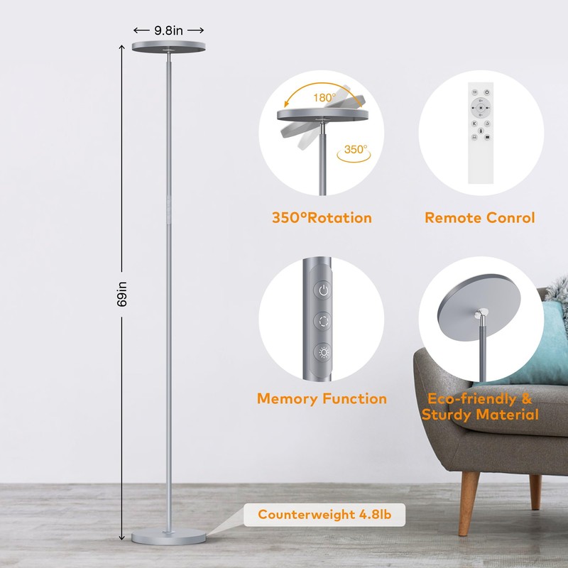 WOWLUMEN Floor Lamp,Bright 36W 3500LM Standing Lamp with Remote, 2700K