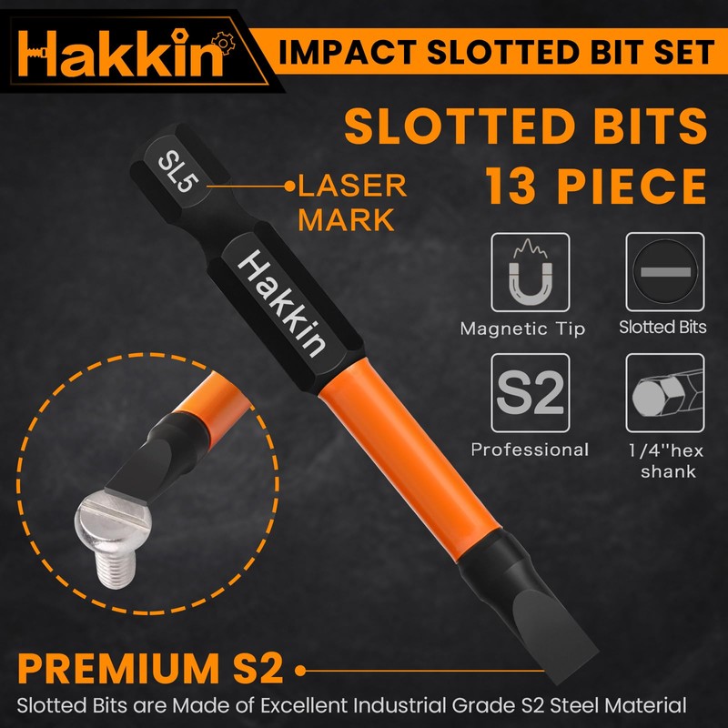 Hakkin 13Pcs Slotted Tip Screwdriver Bits S2 Steel Flat Head