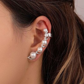 Xmsrn Vintage Crystal Pearl Ear Cuff Earrings Boho Cz Pearl Ear Wrap Earrings Rhinestone Pearl Ear Climber Earrings Silver Crystal Pearl Clip On Cuff Earrings Jewelry for Women and Girls