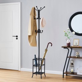 FAVOOSTY Coat Rack Freestanding,Coat Rack Stand with Umbrella Holder,Metal Coat Rack with 12 Hooks,Tree Clothes Hat for Entryway,Hallway,Living Room,Bedroom, Office To Hang Clothes-Black