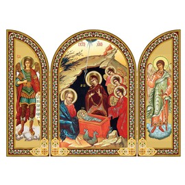 Needzo Nativity of Christ Holy Family Icon Triptych, Saint Michael Guardian Angel Icons, Christmas Decoration 6 1/4 Inch