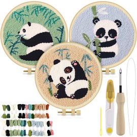 TINDTOP 3 Sets Punch Needle Embroidery Kits, Panda Punch Needle Kits for Adults Beginner, Tool with Punch Needle Fabric, Hoops, Yarns and Sewing Needles