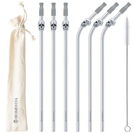 Homestia 6PCS Reusable Drinking Straws, 10.5" Skull Stainless Steel Straws, 20oz 30oz Tumbler Straws, Metal Straws with Silicone Tips and Cleaning Brush Set of 3 Straight and 3 Bent Silver