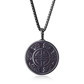 COAI Asian Blessing Longevity Black Obsidian Necklace Healing Crystal Necklace for Men Women